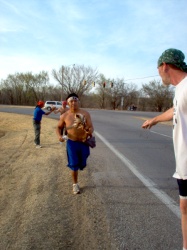 Feather running, Jim in foreground