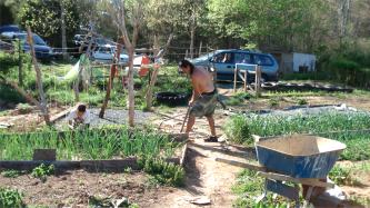 Octavia and Jerry gardening at Little Flower Catholic Worker Farm, Louisa, VA, 2006-04-20