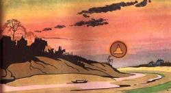 Buddha preacing peace from the air to prevent war between Kapila and Koliya